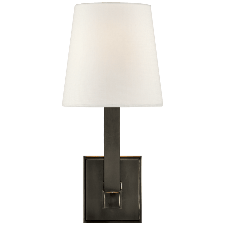 Square Tube Single Sconce in Bronze with Linen Shade