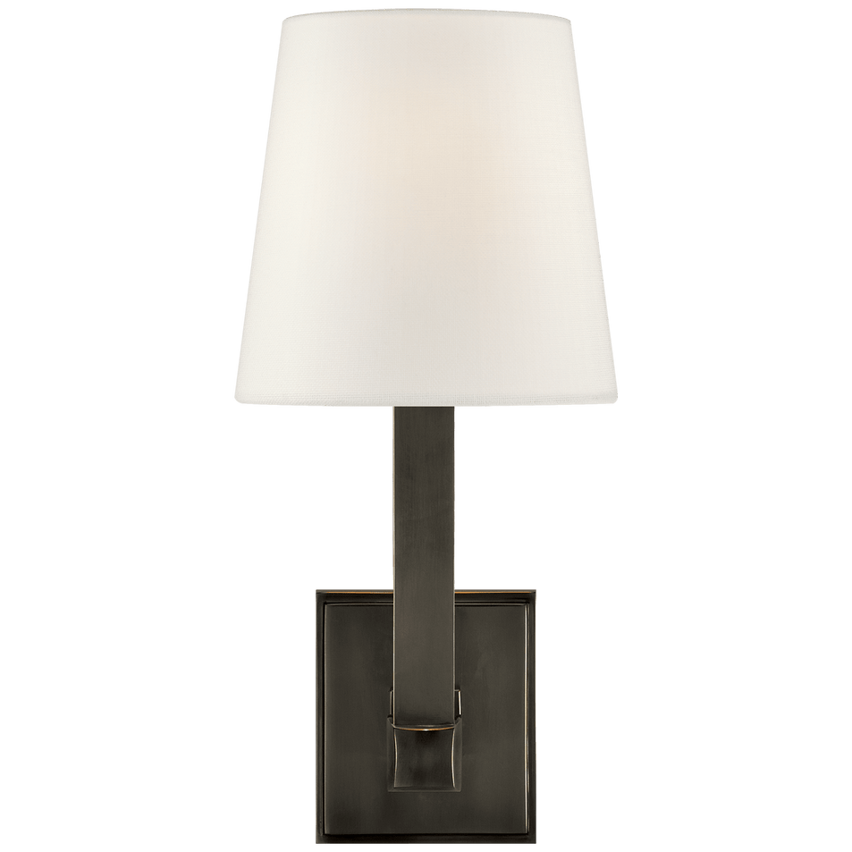 Square Tube Single Sconce in Bronze with Linen Shade