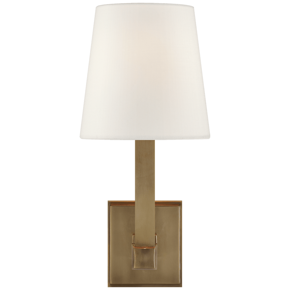 Square Tube Single Sconce in Hand-Rubbed Antique Brass with Linen Shade