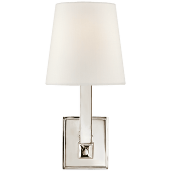 Square Tube Single Sconce in Polished Nickel with Linen Shade