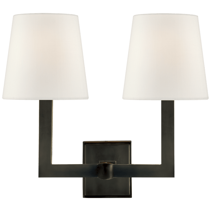 Square Tube Double Sconce in Bronze with Linen Shades