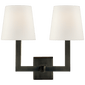 Square Tube Double Sconce in Bronze with Linen Shades