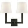 Square Tube Double Sconce in Bronze with Linen Shades