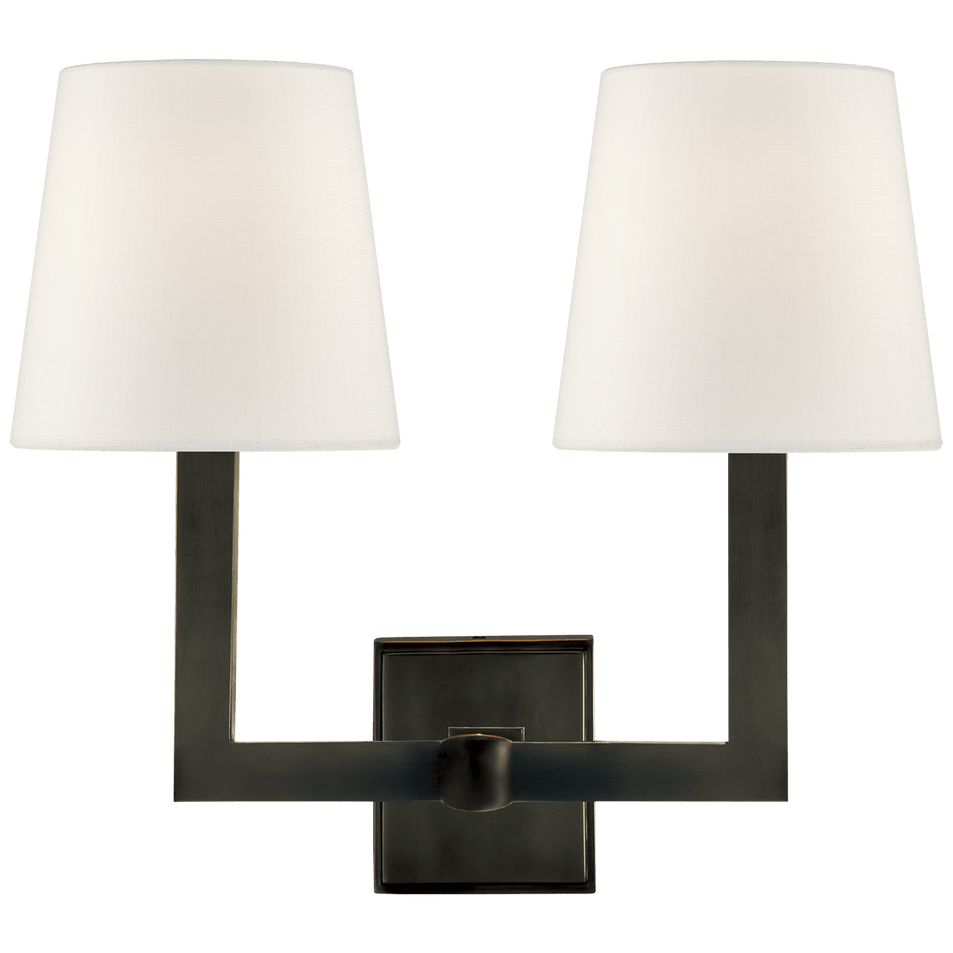 Square Tube Double Sconce in Bronze with Linen Shades