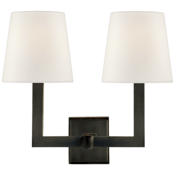 Square Tube Double Sconce in Bronze with Linen Shades