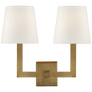 Square Tube Double Sconce in Hand-Rubbed Antique Brass with Linen Shades