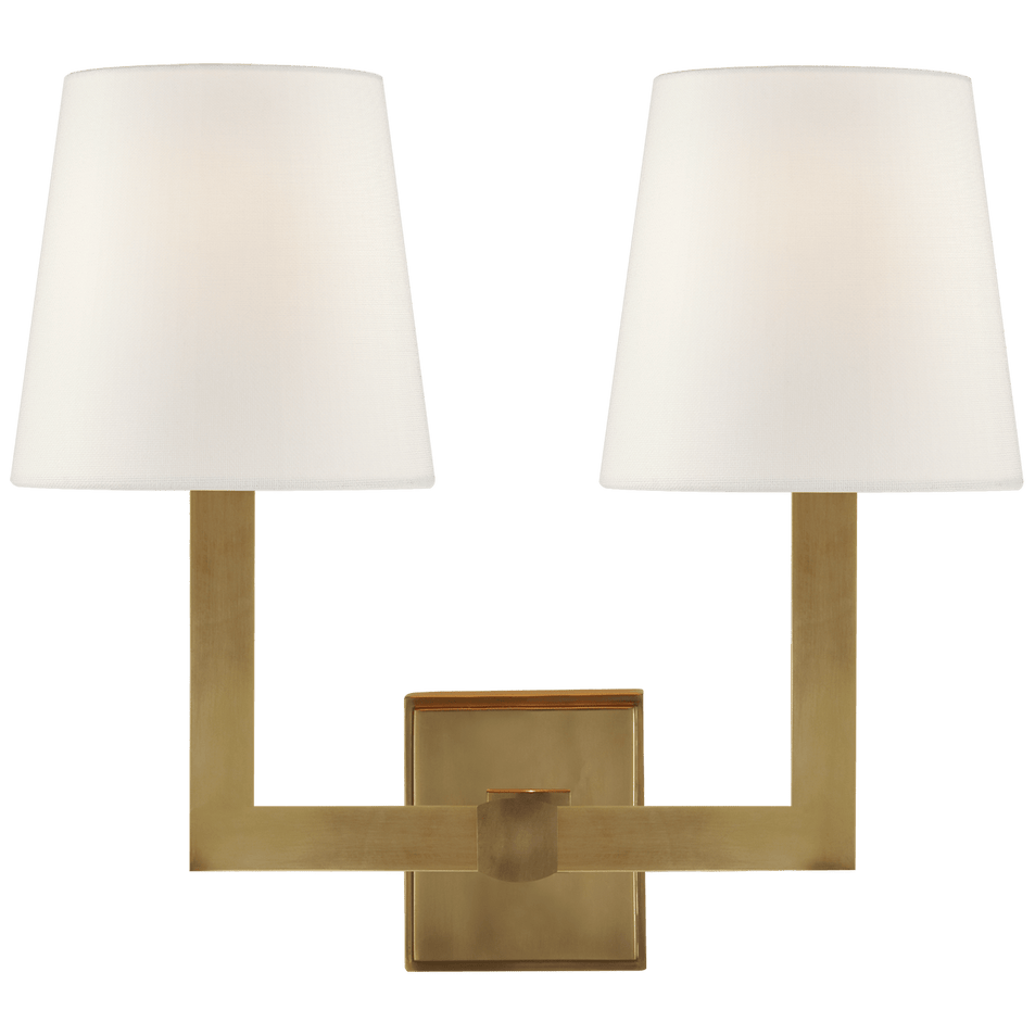 Square Tube Double Sconce in Hand-Rubbed Antique Brass with Linen Shades