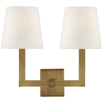 Square Tube Double Sconce in Hand-Rubbed Antique Brass with Linen Shades