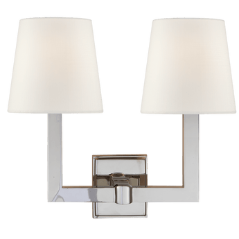 Square Tube Double Sconce in Polished Nickel with Linen Shades