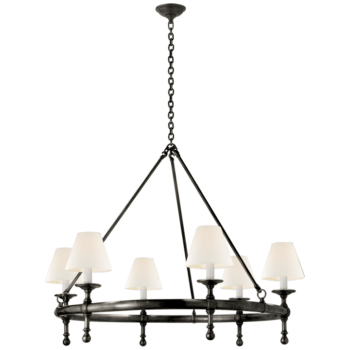 Classic Ring Chandelier in Bronze with Linen Shades