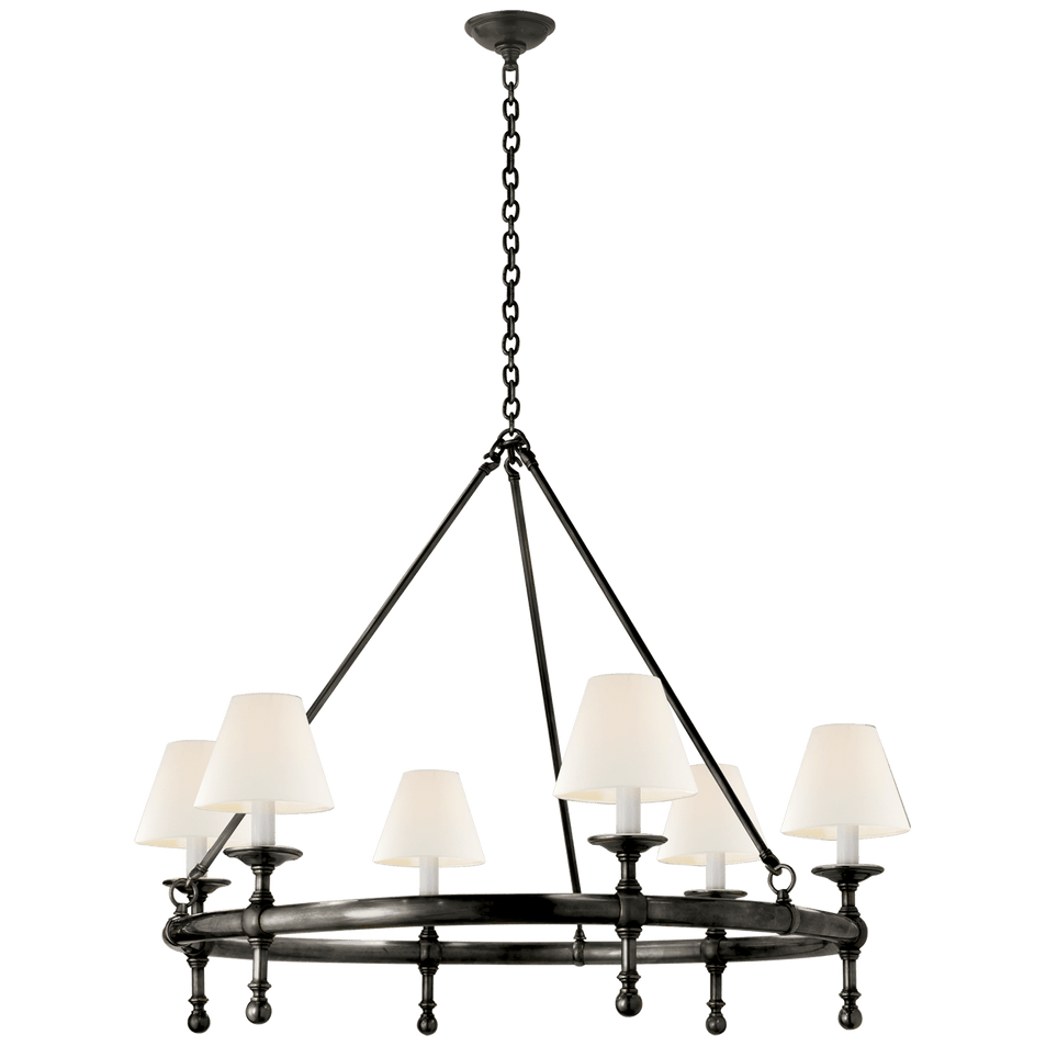 Classic Ring Chandelier in Bronze with Linen Shades