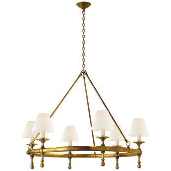 Classic Ring Chandelier in Hand-Rubbed Antique Brass with Linen Shades