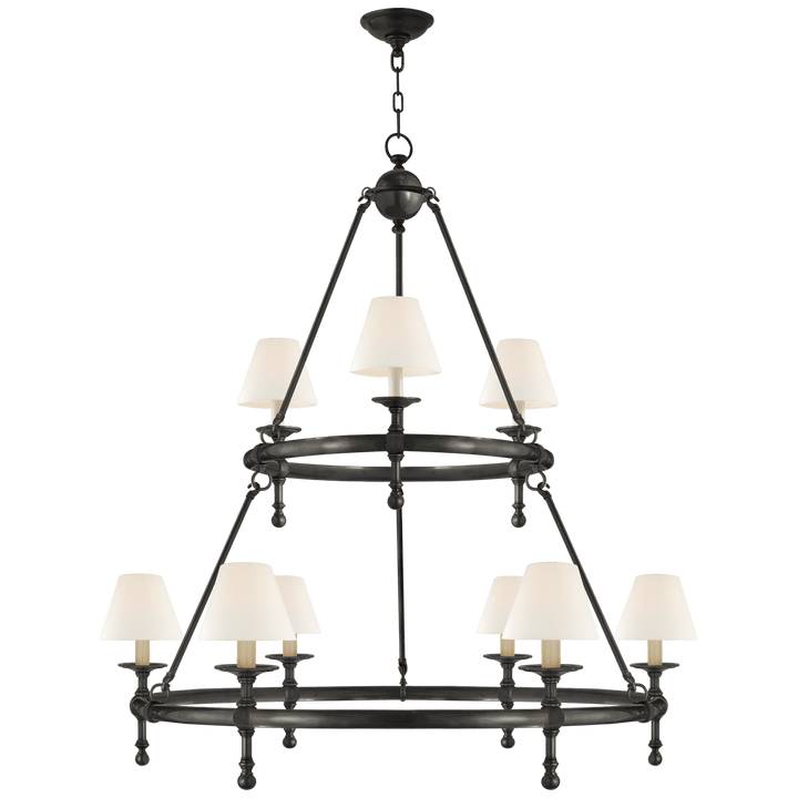 Classic Two-Tier Ring Chandelier in Bronze with Linen Shades