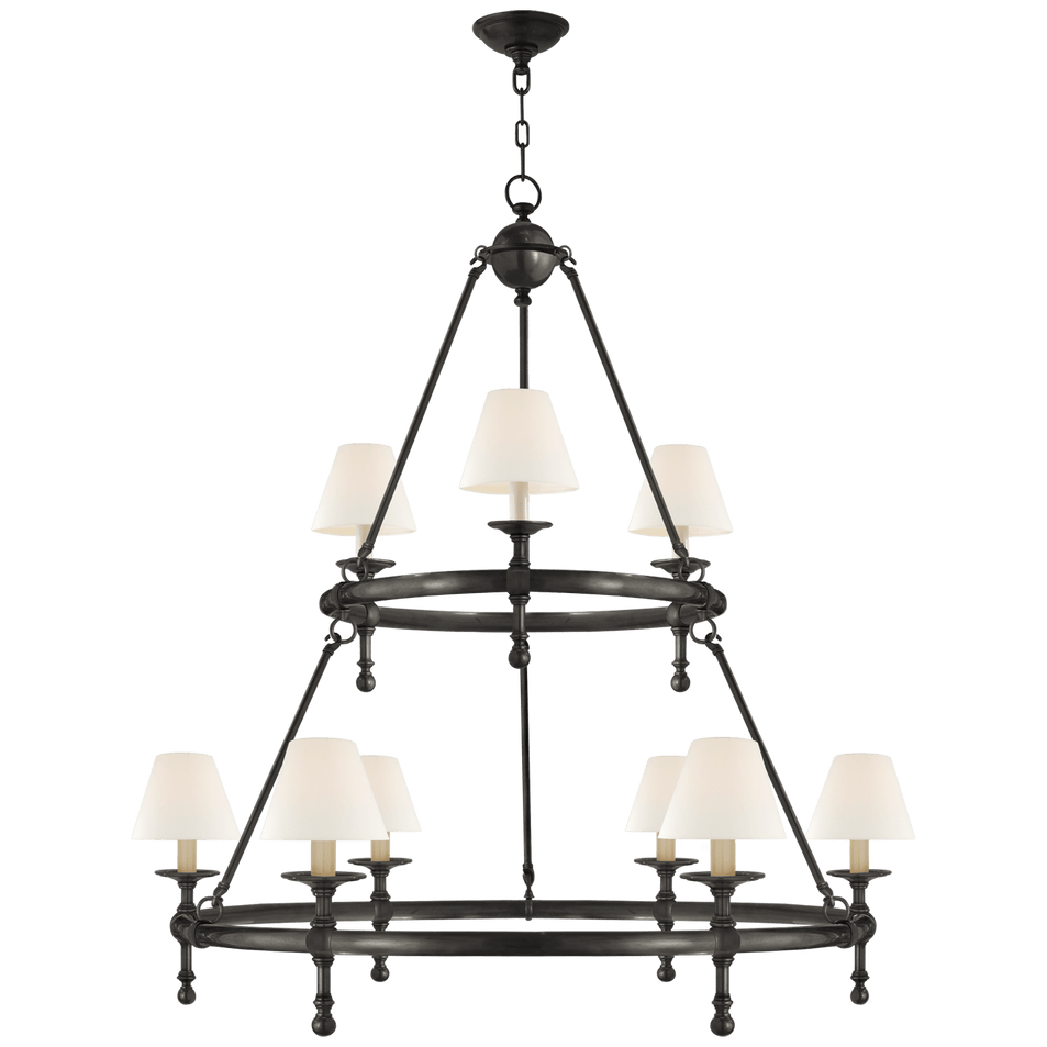 Classic Two-Tier Ring Chandelier in Bronze with Linen Shades