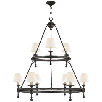 Classic Two-Tier Ring Chandelier in Bronze with Linen Shades