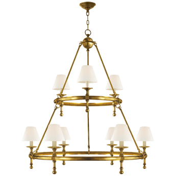 Classic Two-Tier Ring Chandelier in Hand-Rubbed Antique Brass with Linen Shades