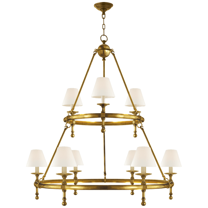 Classic Two-Tier Ring Chandelier in Hand-Rubbed Antique Brass with Linen Shades