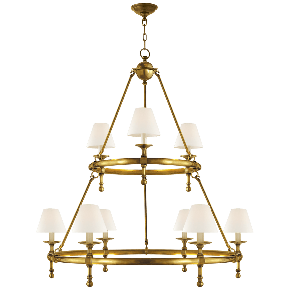 Classic Two-Tier Ring Chandelier in Hand-Rubbed Antique Brass with Linen Shades