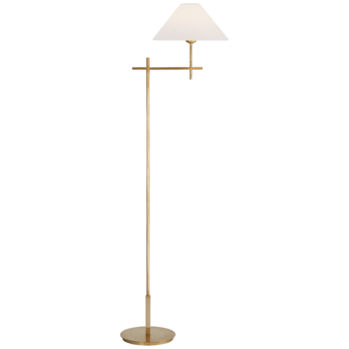 Hackney Bridge Arm Floor Lamp in Hand-Rubbed Antique Brass with Linen Shade