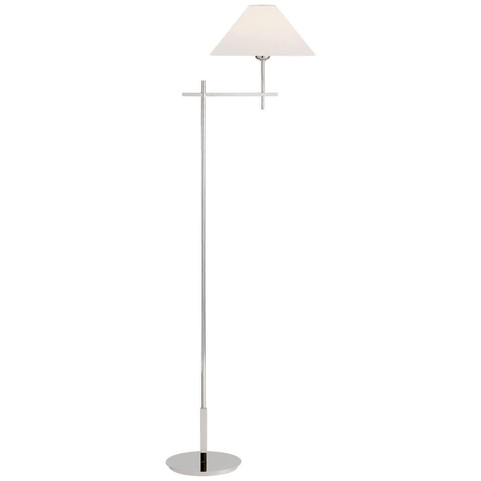 Hackney Bridge Arm Floor Lamp in Polished Nickel with Linen Shade
