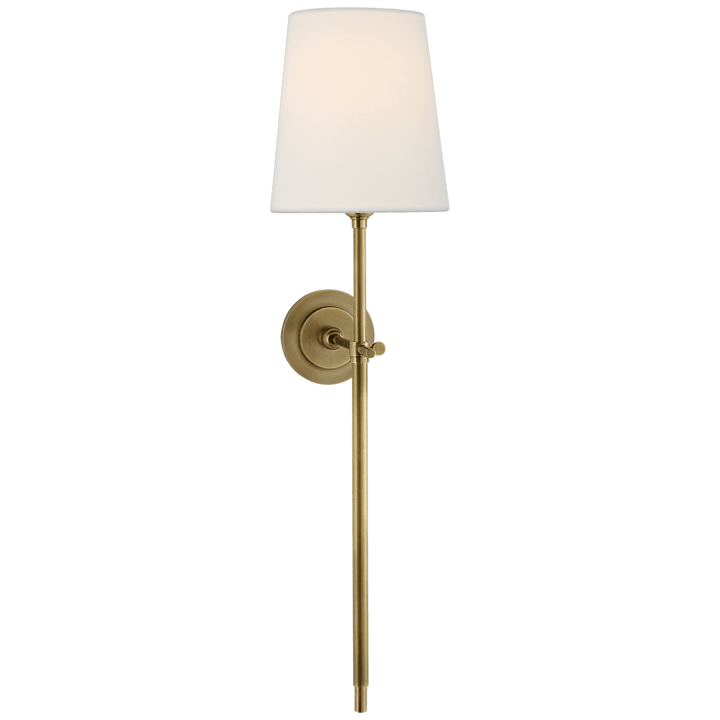 Bryant Large Tail Sconce in Hand-Rubbed Antique Brass with Linen Shade