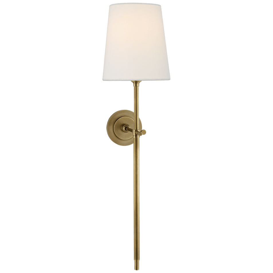Bryant Large Tail Sconce in Hand-Rubbed Antique Brass with Linen Shade