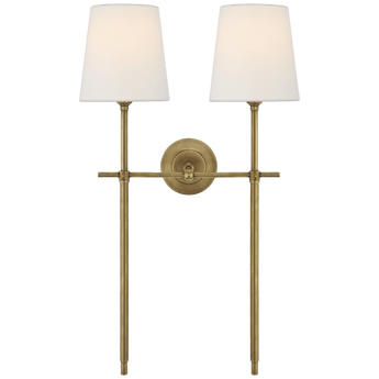 Bryant Large Double Tail Sconce in Hand-Rubbed Antique Brass with Linen Shades