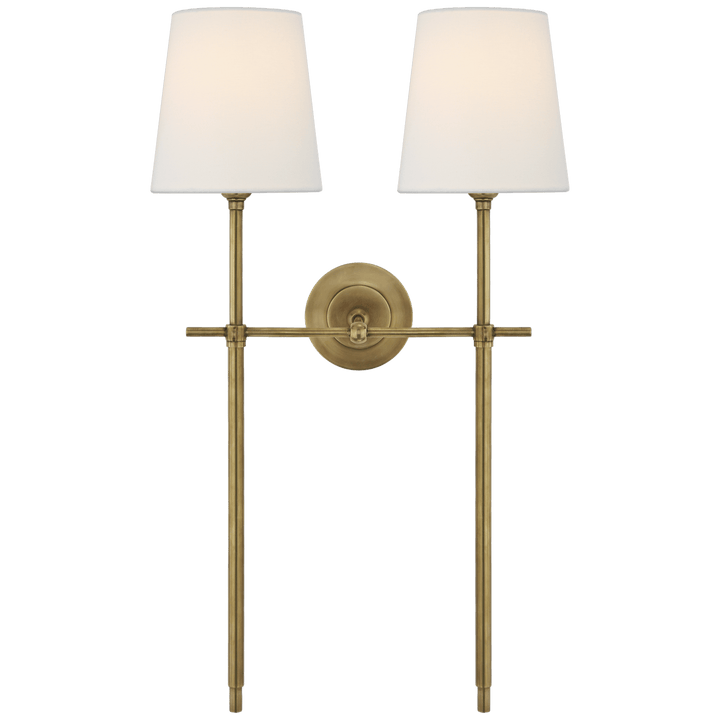 Bryant Large Double Tail Sconce in Hand-Rubbed Antique Brass with Linen Shades