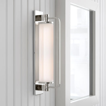 Keeley Tall Pivoting Sconce, a premium Bath light by Visual Comfort. Close - up image of its design.