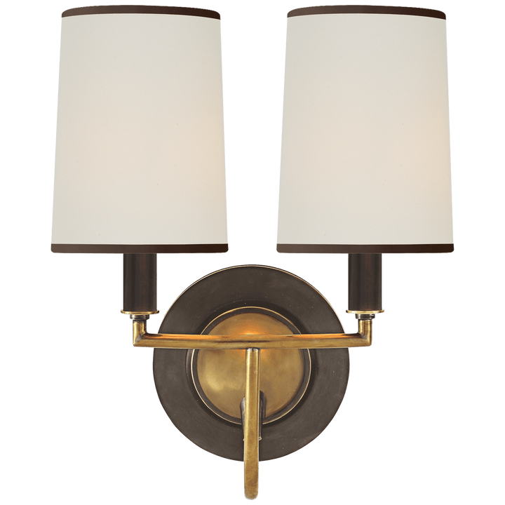 Elkins Double Sconce in Bronze and Hand-Rubbed Antique Brass with Linen Shades with Black Trim