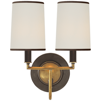 Elkins Double Sconce in Bronze and Hand-Rubbed Antique Brass with Linen Shades with Black Trim