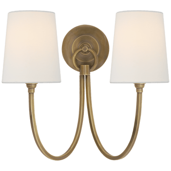 Reed Double Sconce in Hand-Rubbed Antique Brass with Linen Shades