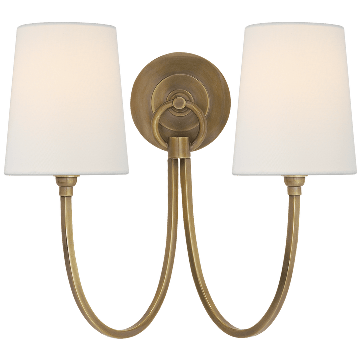 Reed Double Sconce in Hand-Rubbed Antique Brass with Linen Shades