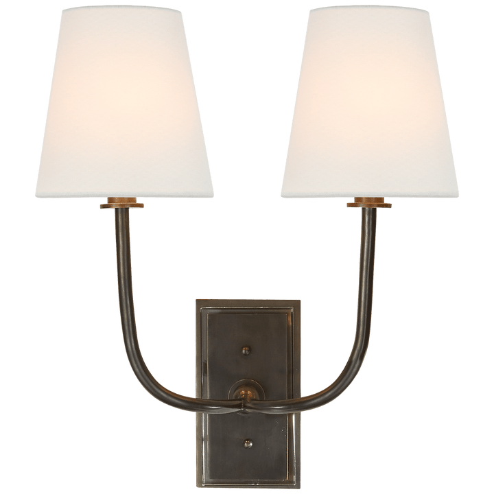Hulton Double Sconce in Bronze with Crystal Backplate with Linen Shades