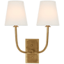 Hulton Double Sconce in Hand-Rubbed Antique Brass with Crystal Backplate with Linen Shades