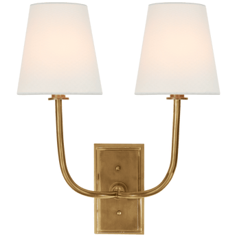 Hulton Double Sconce in Hand-Rubbed Antique Brass with Crystal Backplate with Linen Shades