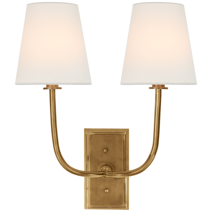 Hulton Double Sconce in Hand-Rubbed Antique Brass with Crystal Backplate with Linen Shades