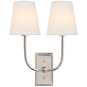 Hulton Double Sconce in Polished Nickel with Crystal Backplate with Linen Shades