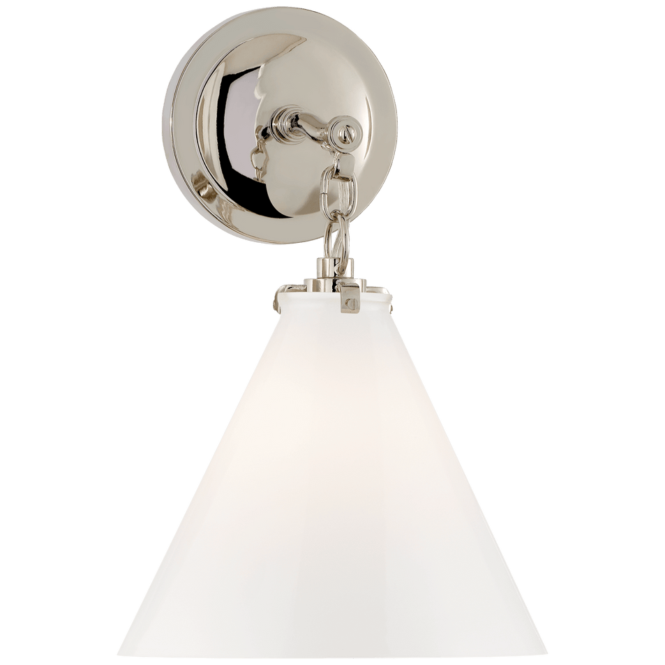 Katie Small Conical Sconce in Polished Nickel with White Glass