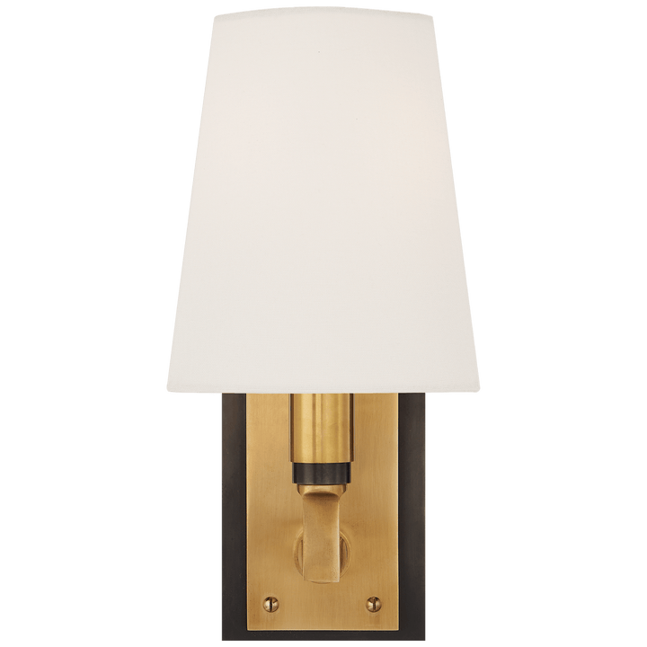 Watson Small Sconce in Bronze and Hand-Rubbed Antique Brass with Linen Shade