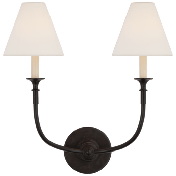 Piaf Double Sconce in Aged Iron with Linen Shades