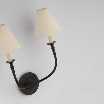 Piaf Double Sconce in Aged Iron with Linen Shades