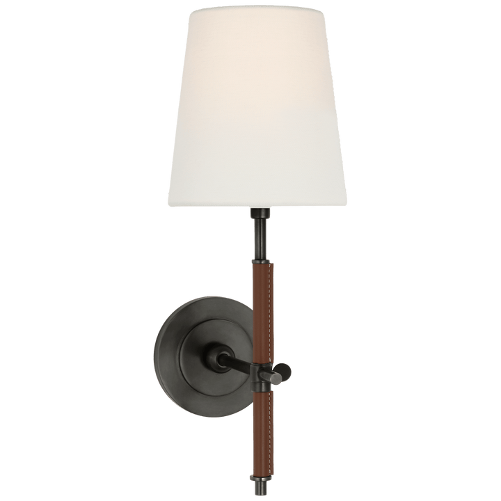 Bryant Wrapped Sconce in Bronze and Saddle Leather with Linen Shade