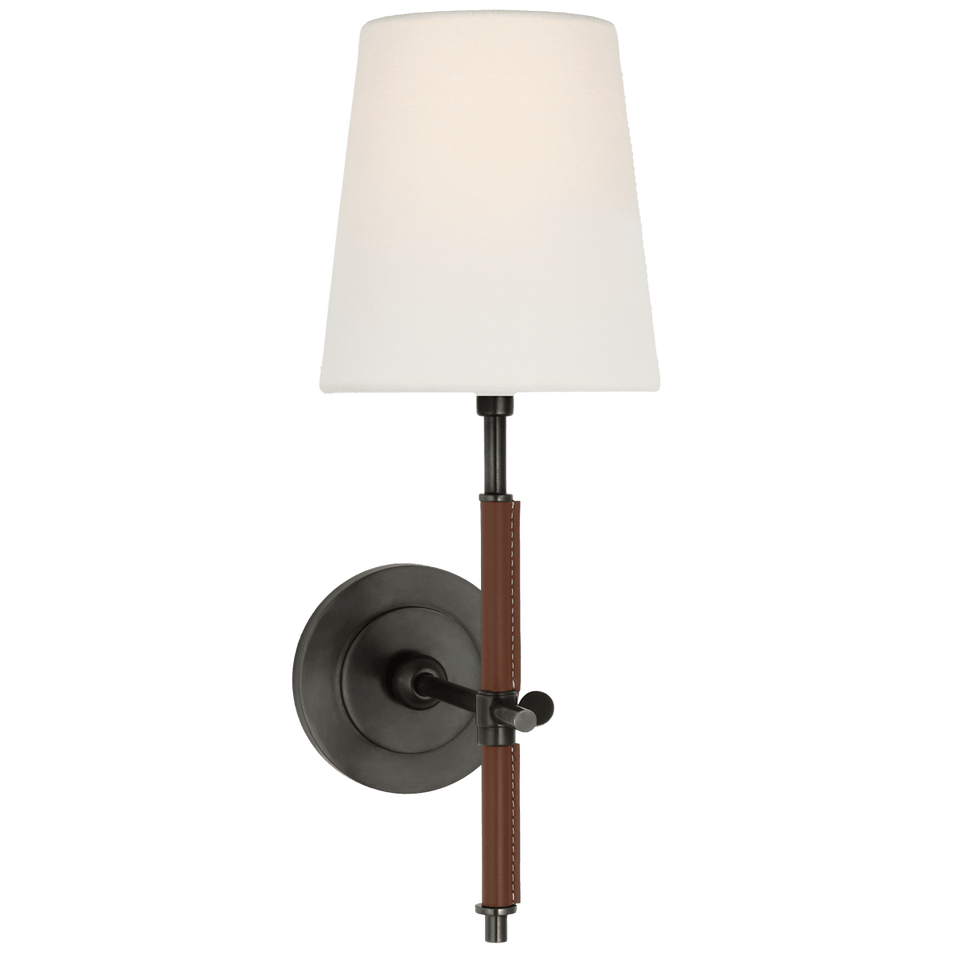 Bryant Wrapped Sconce in Bronze and Saddle Leather with Linen Shade