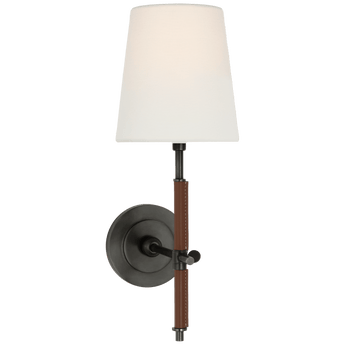 Bryant Wrapped Sconce in Bronze and Saddle Leather with Linen Shade