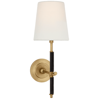 Bryant Wrapped Sconce in Hand-Rubbed Antique Brass and Chocolate Leather with Linen Shade