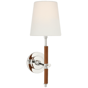 Bryant Wrapped Sconce in Polished Nickel and Natural Leather with Linen Shade