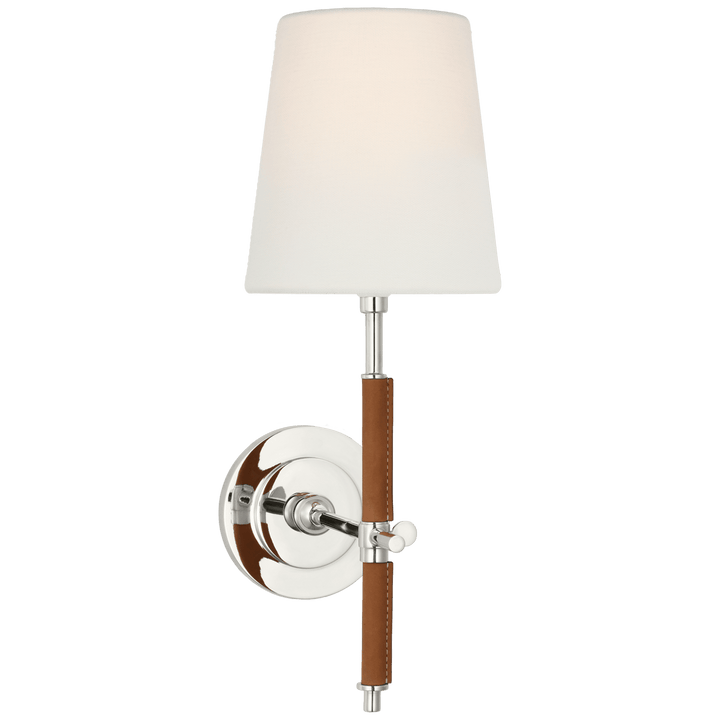 Bryant Wrapped Sconce in Polished Nickel and Natural Leather with Linen Shade