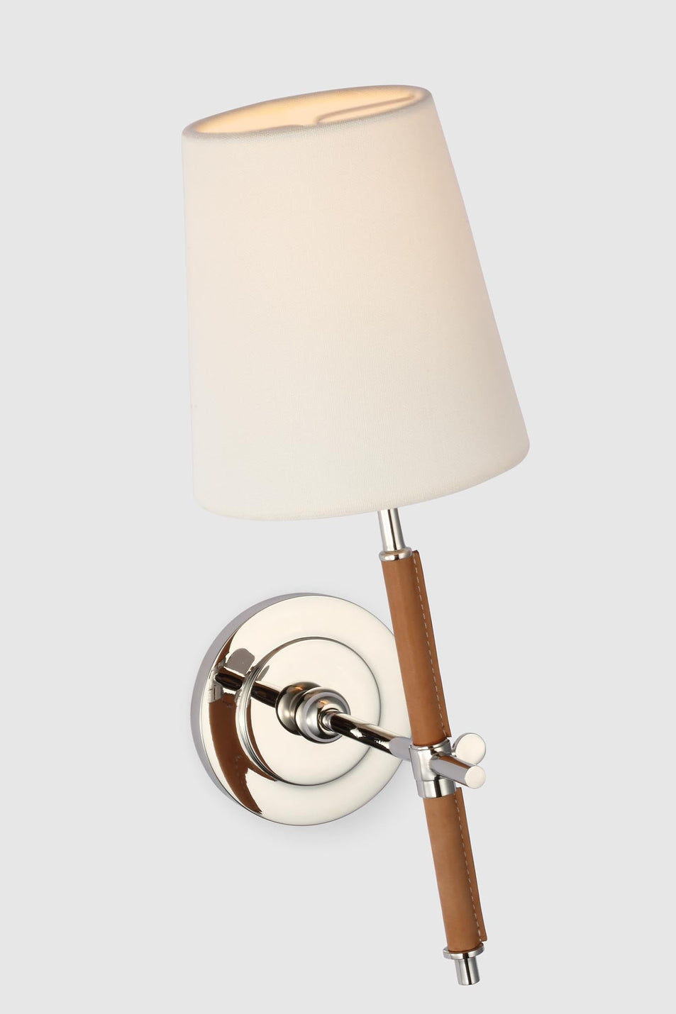 Bryant Wrapped Sconce in Polished Nickel and Natural Leather with Linen Shade