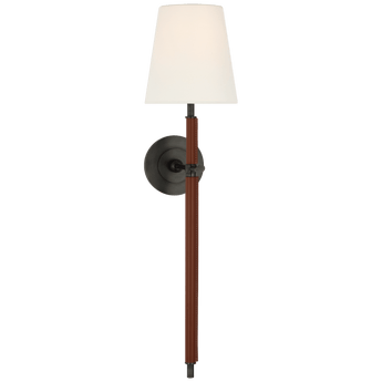 Bryant Large Wrapped Tail Sconce in Bronze and Saddle Leather with Linen Shade